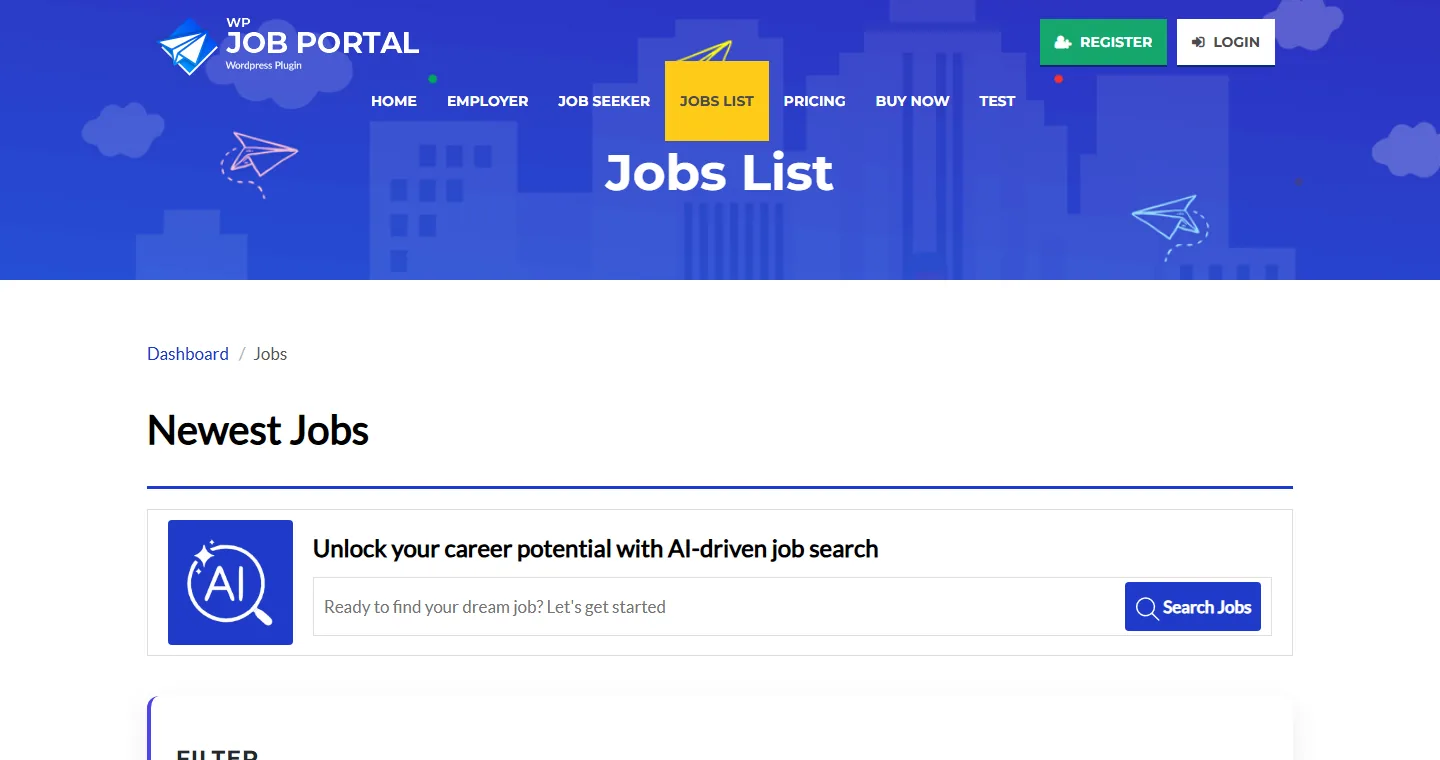 WP Job Portal live demo showing the jobs list with AI-driven job search